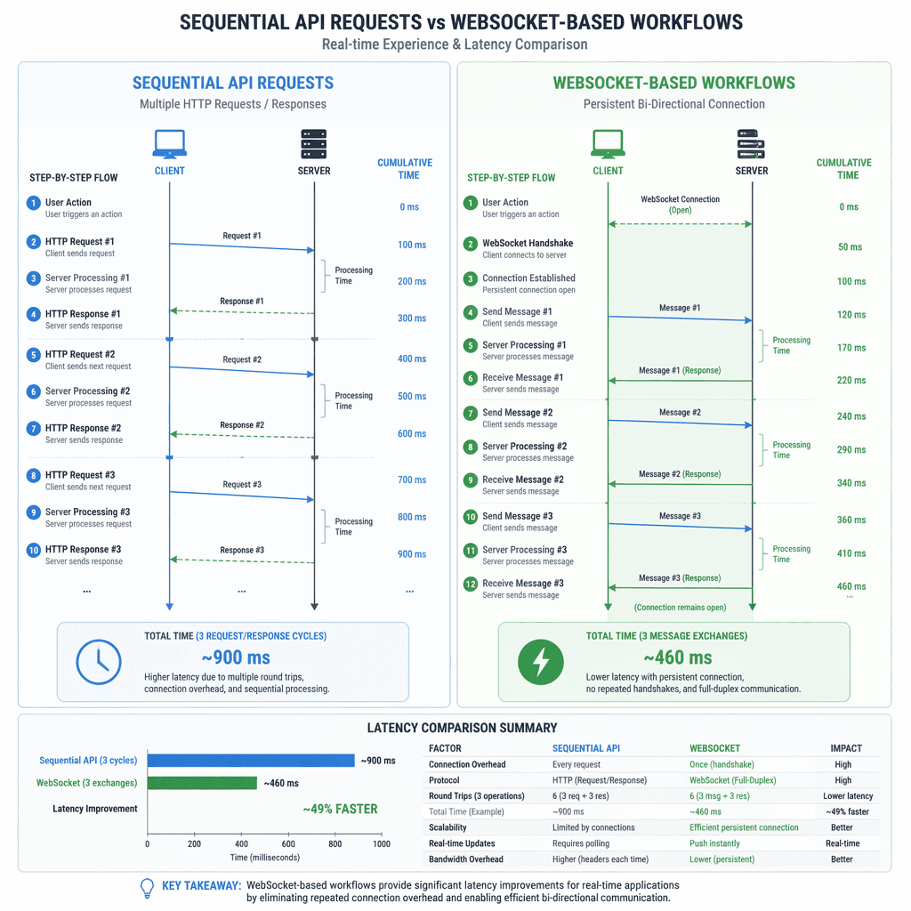 Diagram comparing sequential and WebSocket-based workflows